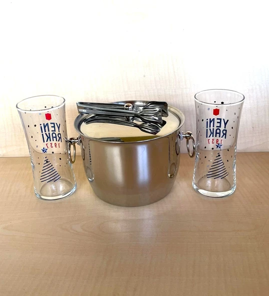 2 ADET 1937 RAKI BARDAĞI YILBAŞI TEMALI 1 ADET ÇELİK BUZ KOVASI ÇİF KATMANLI MAŞALI KAPAKLI KOVA - 2