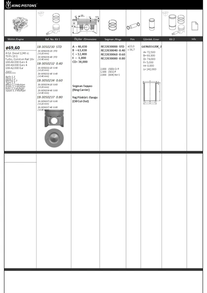 PISTON SEGMAN 69.60+0.60mm AGILA 1.3 CORSA 1.3 M ALBEA 1.3 MULTIJET DOBLO 1.3 MULTIJET PALIO 1.3 MULTIJET 1248 CC-70 PS 18:1-TURBO ürün görseli