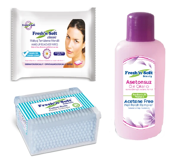 FRESHN SOFT Makyaj Temizleme Mendili + Oje Çıkarıcı Asetonsuz 200 ML + Kulak Temizleme Çubuğu 200'lü