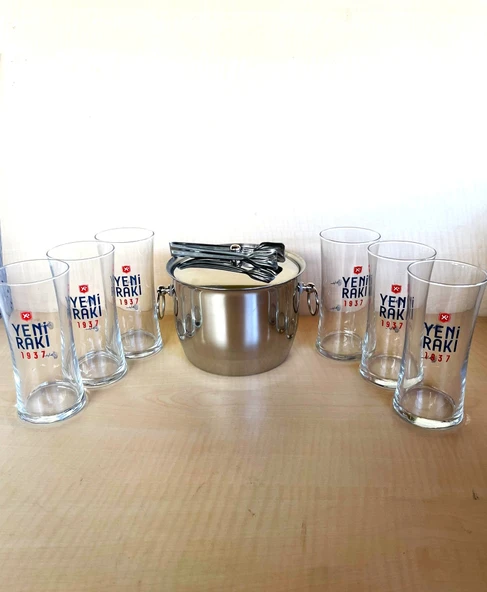 6 ADET 1937 YENİ RAKI BARDAĞI 1 ADET ÇELİK BUZ KOVASI ÇİF KATMANLI MAŞALI KAPAKLI KOVA