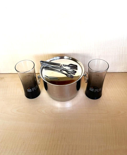 2 ADET PUS RAKI BARDAĞI 1 ADET ÇELİK BUZ KOVASI ÇİF KATMANLI MAŞALI KAPAKLI KOVA - 2