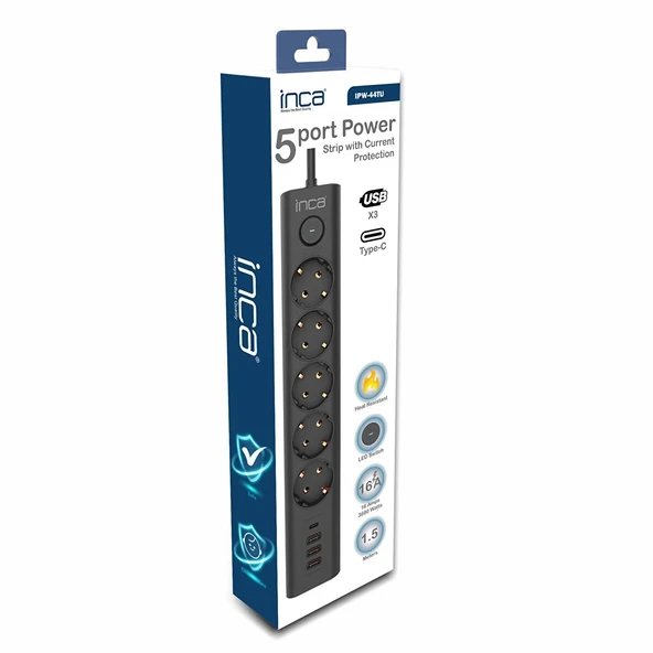 Inca IPW-44TU 5 port 2x USB+ Type-C Akım Korumalı Led Tuşlu  Priz 1.5M - Siyah - 3
