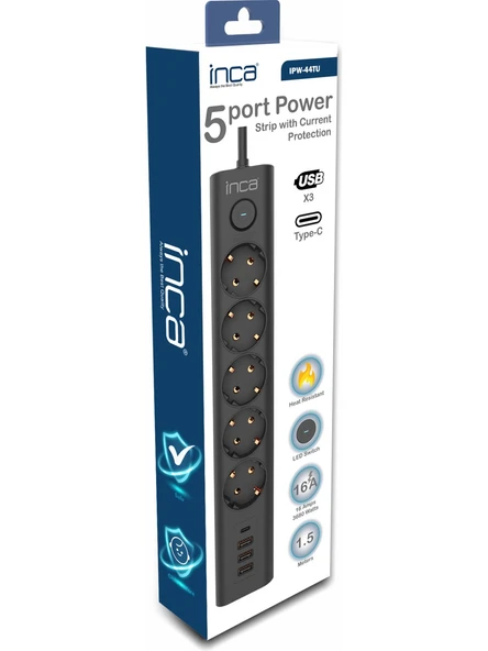 Inca IPW-44SY 5 Port Akım Korumalı Led Tuşlu Priz 1.5M - Siyah - 3