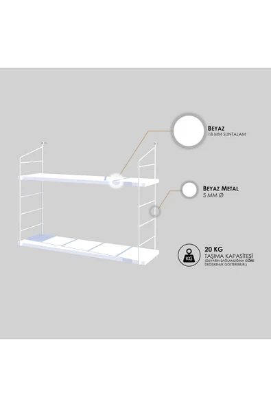 Decormet Armoni Raf Seti 2 Raflı 200*720 Metal Beyaz+Ahşap - Resim 11