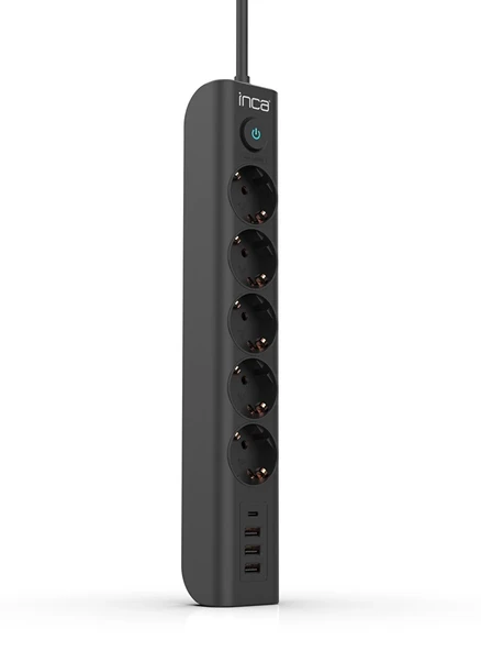 Inca IPW-44TU 5 port 2x USB+ Type-C Akım Korumalı Led Tuşlu Priz 1.5M - Siyah