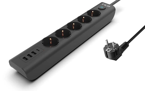 Inca IPW-44TU 5 port 2x USB+ Type-C Akım Korumalı Led Tuşlu Priz 1.5M - Siyah - 2