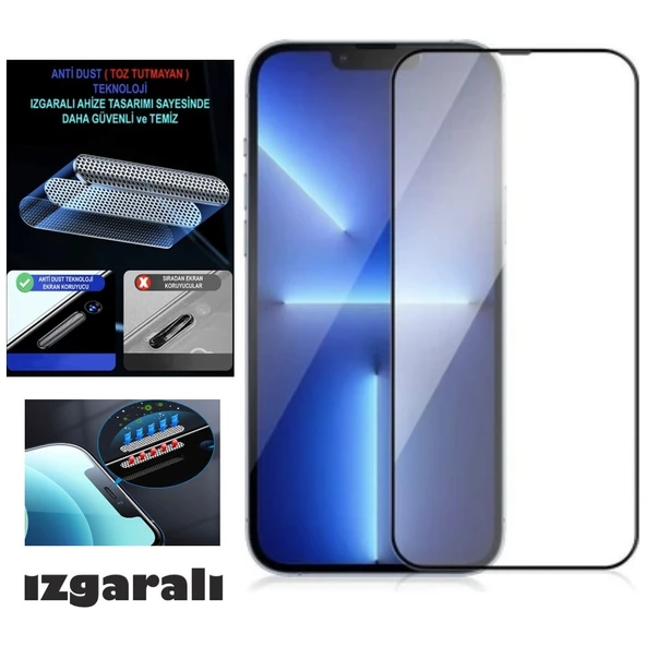 Iphone 14 Ekran Koruyucu Toz Filitreli Izgaralı Anti Dust Tam Kaplayan Kırılmaz Cam ürün görseli