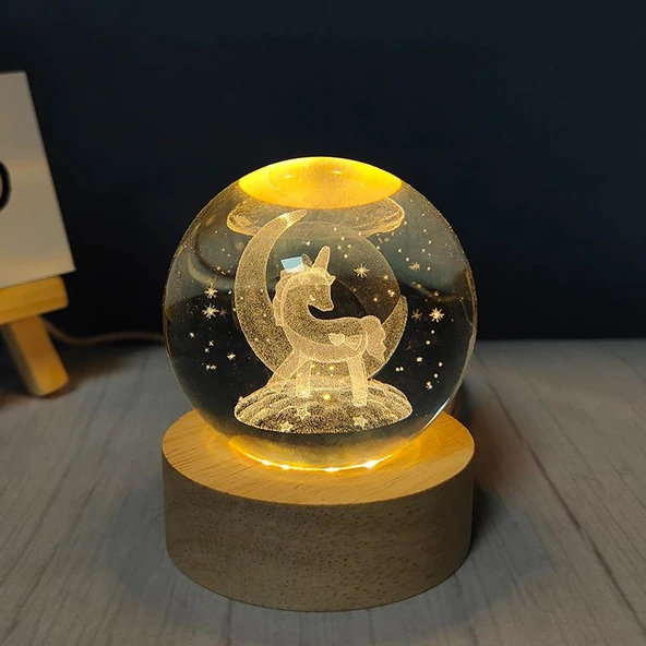Dekoratif Ay içinde Unicorn Tasarımlı Ahşap Altlıklı Işıklı Cam Küre Cam Büyük Boy 8 Cm MZ4-2312 - 1