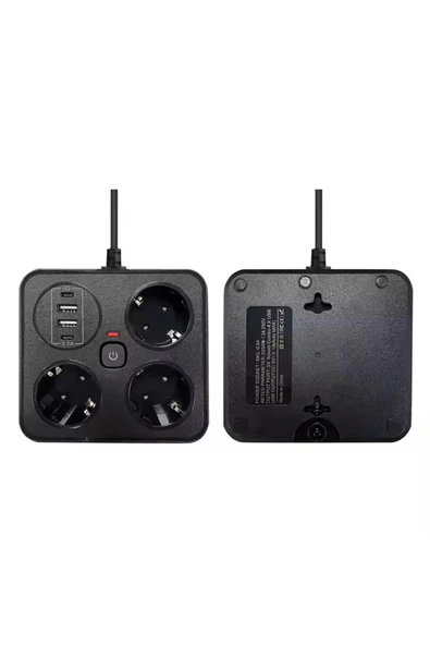 Akım Korumalı Anahtarlı Priz - 3x Priz - 2x Usb - 2x Type-c - 2 Mt Kablo Hızlı Şarj Özellikli Siyah ürün görseli