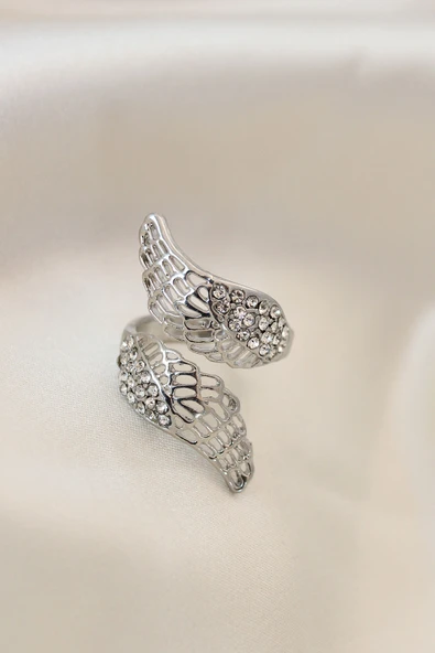 Ayarlamalı Silver Renk Metal Zirkon Taşlı Kanat Yüzük - TJ-BYK2033 - 1