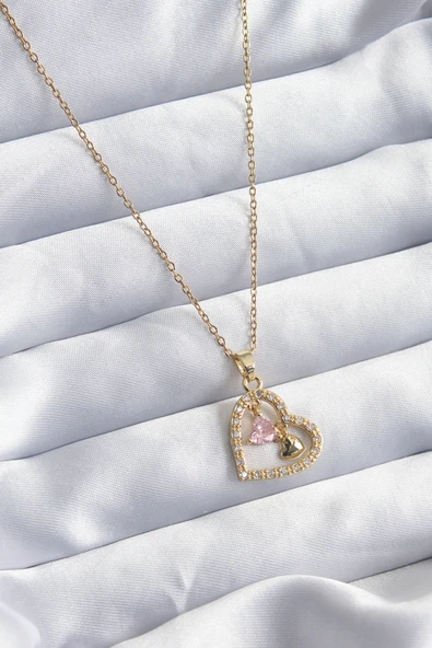 316L Çelik Gold Renk Zincir Zirkon Taşlı Kalp Model Kadın Kolye - TJ-BKO7999 - 1