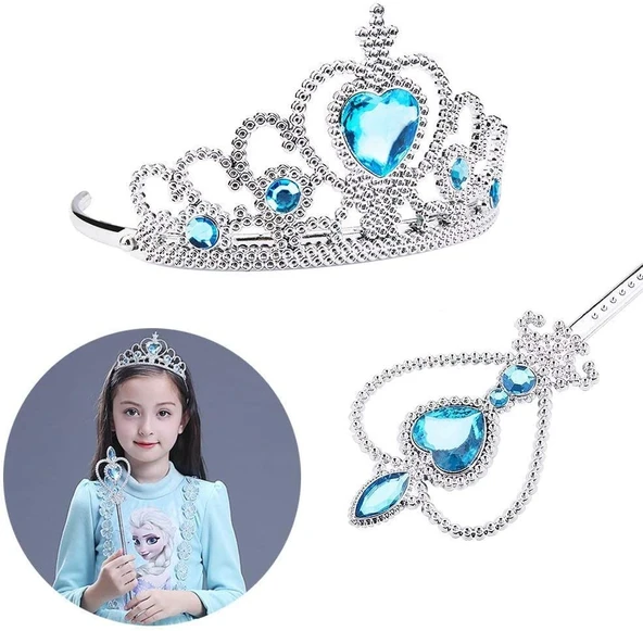 Karlar Ülkesi Elsa Mavi Kalpli Taç ve Mavi Asa Seti Çocuk Boy - 1