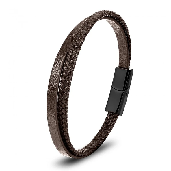 Kahverengi Deri Ve Saç Örgü İkili Çoklu Çelik Bileklik 31833B12D2 ürün görseli 1