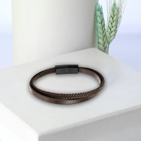 Kahverengi Deri Ve Saç Örgü İkili Çoklu Çelik Bileklik 31833B12D2 - Resim 2