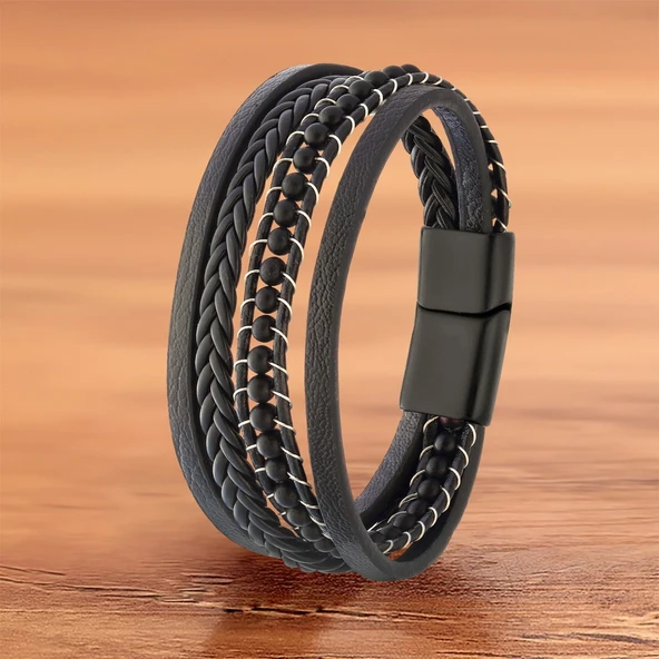 Mat Oniks Doğaltaş Ve Deri Bileklik 31832B9D14 - Resim 2