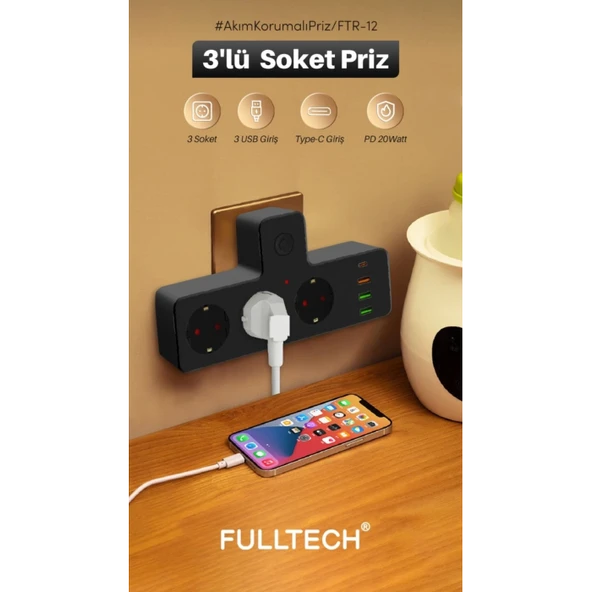 Termal Akım Korumalı Isıya Dayanıklı 3’lü Priz 3x Usb 1x Type-c - Resim 2