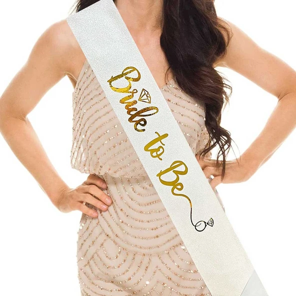 Beyaz Üzeri Altın İtalik Alyanslı Bride To Be Yazılı Simli Işıltılı Kuşak Kemer 10x80 cm - 1
