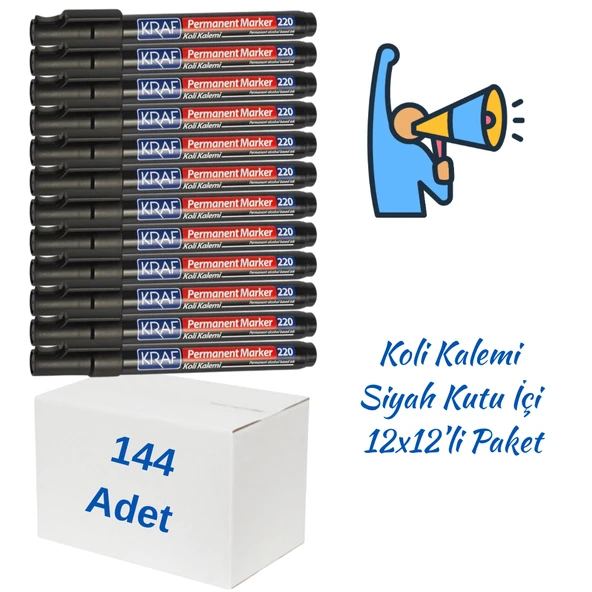 Kraf Permanent Markör Yuvarlak Uc 220 Siyah Koli Kalemi 144 Adet