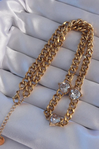 316L Çelik Gold Renk Zirkon Taşlı Kalp Model Zincir Kolye - TJ-BKO8949 - 2