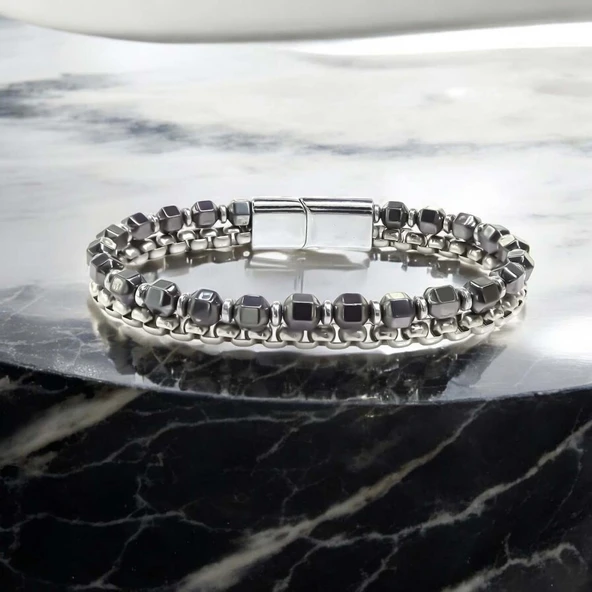 Elmas Kesim Hematit Ve Çelik Zincir Bileklik 31832B21D1 - Resim 5