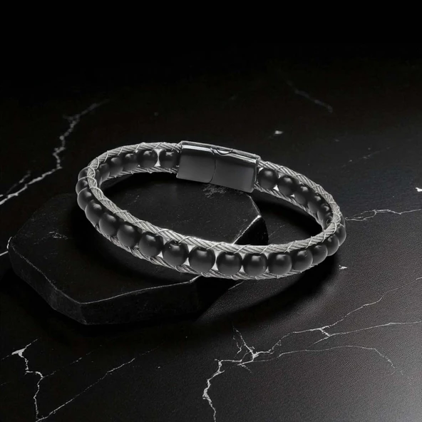 Oniks Doğaltaş Ve Çelik Halat Örme Bileklik 31832B2DH1 - Resim 2