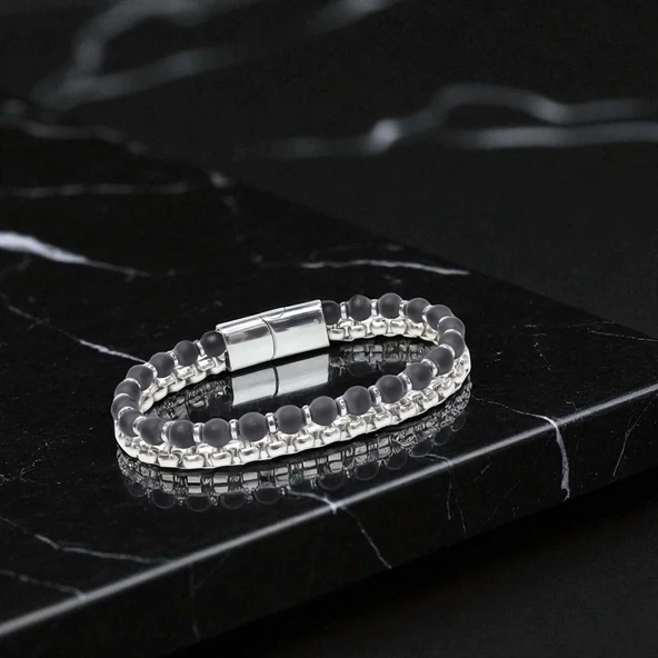 Elmas Kesim Hematit Ve Çelik Zincir Bileklik 31832B21D1 - Resim 2