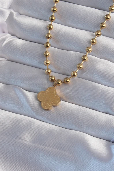 316L Çelik Top Zincirli Gold Renk İşlemeli Yonca Model Kolye - TJ-BKO8988 - 1