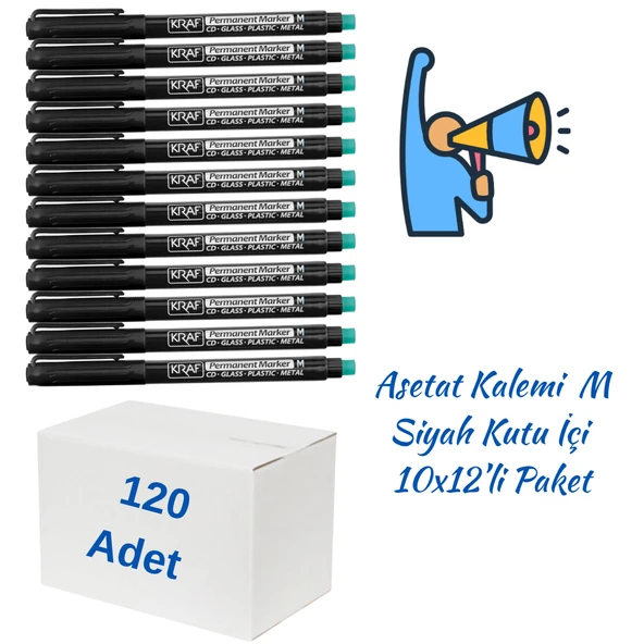 Kraf Asetat Kalemi Silgili (M) 260 Siyah 120 Adet