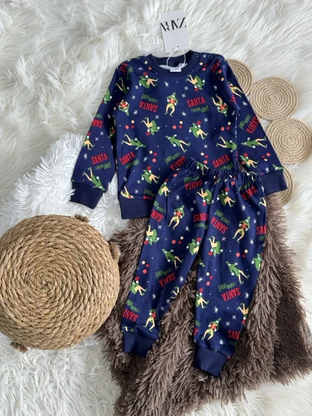 Çocuk Yılbaşı Temalı Pijama Takımı – Lacivert