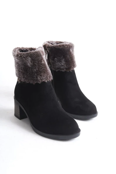 KATYA Fermuarlı Ortopedik Taban Topuklu Kürk Detaylı Süet Kadın Bot  SST - Siyah - 4