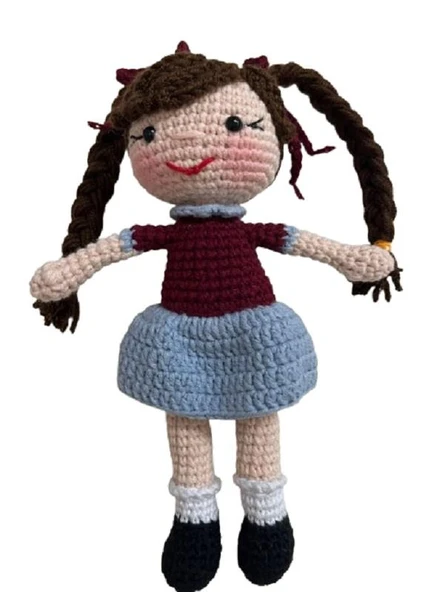 Bordo Mavi Öğrenci Kız Bebek Amigurumi Organik Anahtarlık Oyuncak - 1