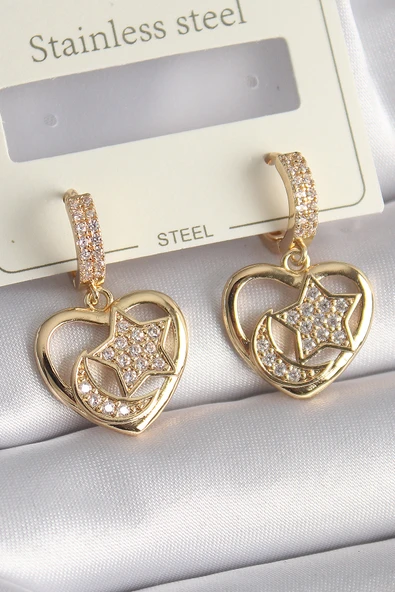 Pirinç Gold Renk Zirkon Taşlı Kalp Model Ay Yıldız İşleme Kadın Küpe - TJ-BKP9737 - 1