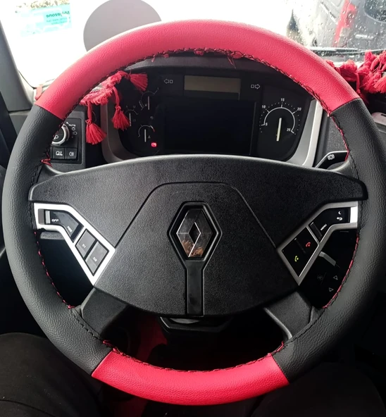 DİKİŞLİ DİREKSİYON KILIFI SİYAH DERİ KIRMIZI DERİ SİYAH DİKİŞLİ RENAULT TIR KAMYON (FOTODAKİ) ürün görseli