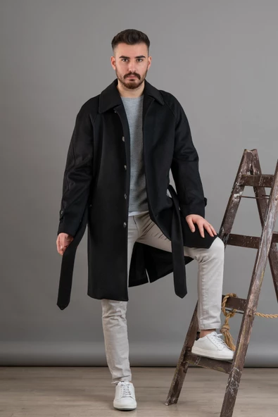 SİR BELİ KUŞAKLI DÜĞMELİ REGULAR FİT ERKEK KAŞE KABAN - 3