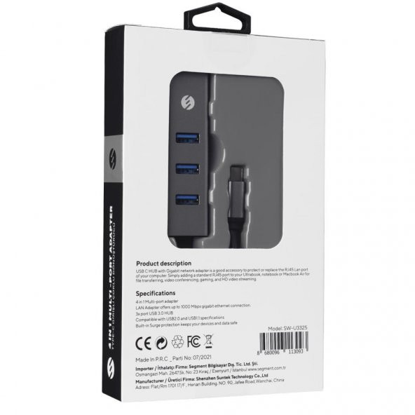 S-link Swapp SW-U3325 4 in 1 Gigabit 1000Mphs 3 Port USB 3.0 Ethernet Type C Hub Adaptör - 6