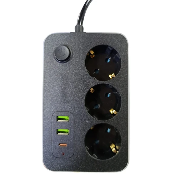 3 lü Akım Korumalı 2 Adet USB 1 Adet Type-C Girişli Priz 3414 - 1