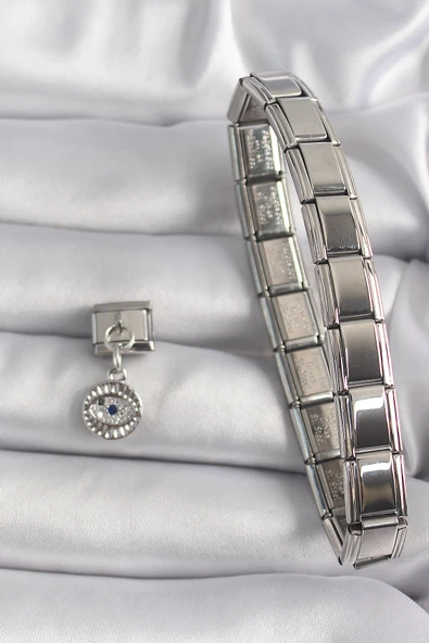 316L Çelik Gümüş Renk Sallantı Zirkon Taşlı Göz Model Nomination Charm - TJ-BC1157 - 2