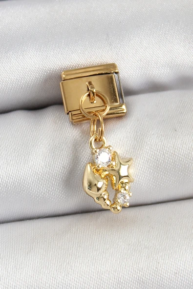 316L Çelik Sallantılı Zirkon Taşlı Deniz Kabuğu Ve Yıldız Model Gold Renk Nomination Charm - TJ-BC1436 - 1