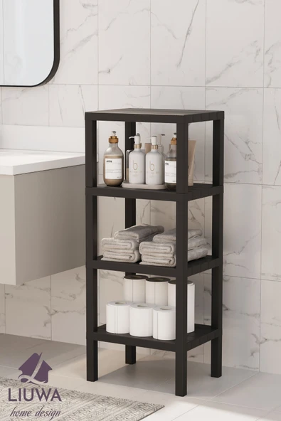 Ombeg 4 Katlı Ahşap Görünümlü Plastik Raf Ünitesi Banyo Mutfak Rafı Salon Balkon Organizeri(SİYAH) - 3