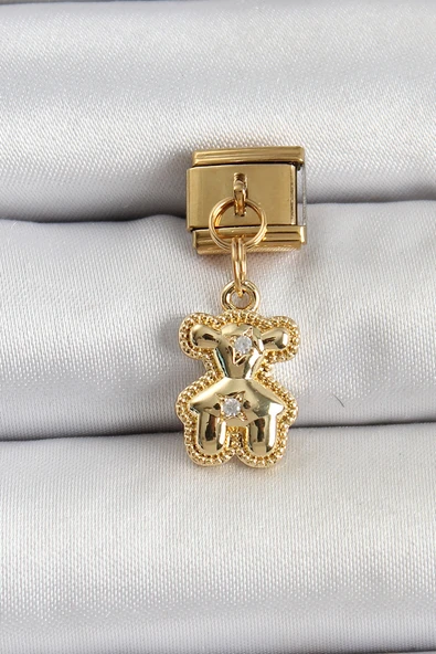 316L Çelik Sallantılı Zirkon Taşlı Ayıcık Model Gold Renk Nomination Charm - TJ-BC1410 - 1