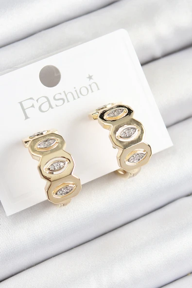 Pirinç Zirkon Taşlı Damla Figürlü Halka Model Gold Renk Kadın Küpe - TJ-BKP10784 - 1