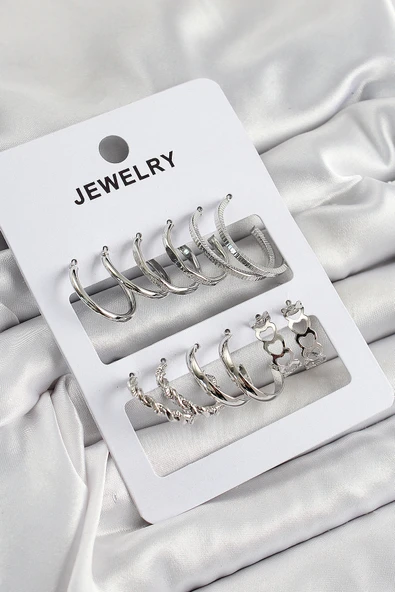 Pirinç Karışık Halka Model Gümüş Renk 6 Çift Kadın Küpe Set - TJ-BKP10877 - 1