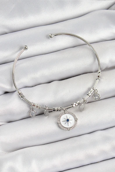 Pirinç Zirkon Taşlı Pusula Model Gümüş Renk Charm Bileklik - TJ-BB7349 - 1
