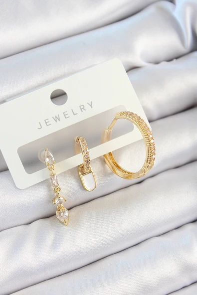 Pirinç Zirkon Taşlı Sallantılı Model Gold Renk 3'lü Çift Kadın Küpe Set - TJ-BKP10829 - 1