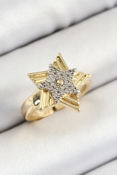 Pirinç Zirkon Taşlı Yıldız Model Gold Ve Gümüş Renk Kadın Yüzük - TJ-BYK3794 - 1