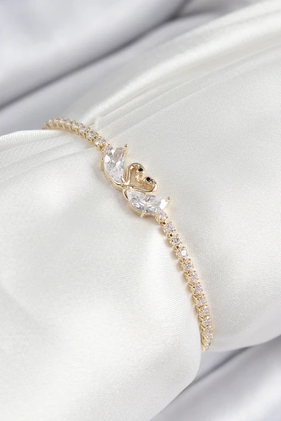 Pirinç Zirkon Taşlı Kuğu Model Gold Renk Asansörlü Kadın Bileklik - TJ-BB7464 - 1