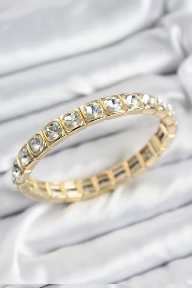 Pirinç Zirkon Taşlı Kare Model Gold Renk Lastikli Kadın Bileklik - TJ-BB7497 - 1