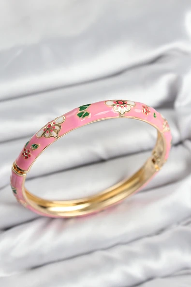 Mineli Pirinç Pembe Çiçek Motifli Gold Kadın Kelepçe - TJ-BB7617 - 1
