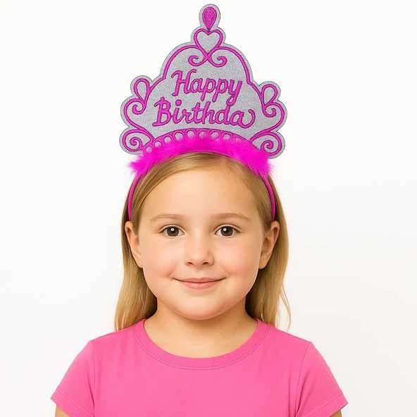 Pembe Happy Birthday Prenses Tacı – Doğum Günü Taç Aksesuarı - 1