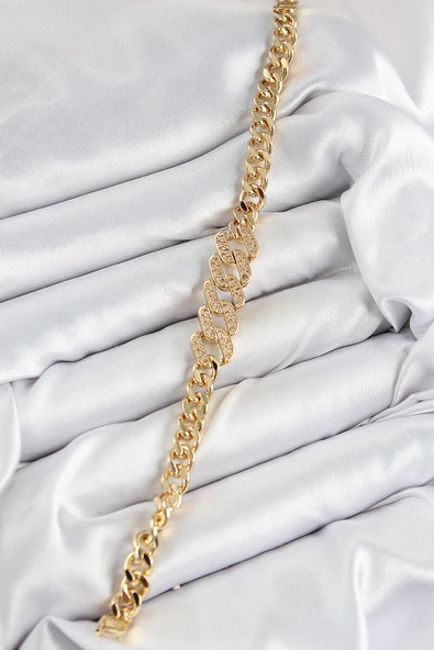 Pirinç Zirkon Taşlı Ezme Küba Zincir Model Gold Renk Kadın Bileklik - TJ-BB7549 - 1